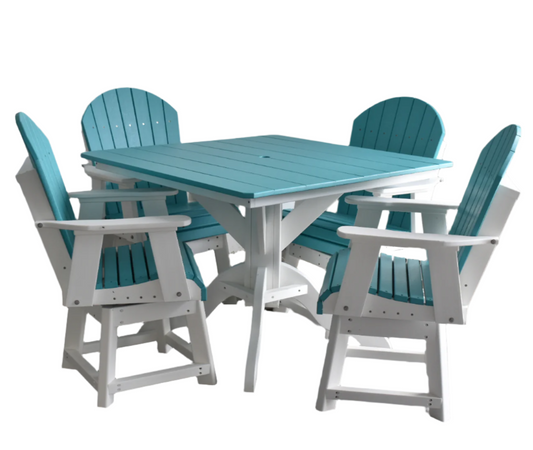 5 pc Table Set - 42" Square Table with 4x Swivel Adirondack Chairs - In Dining, Counter & Bar Height