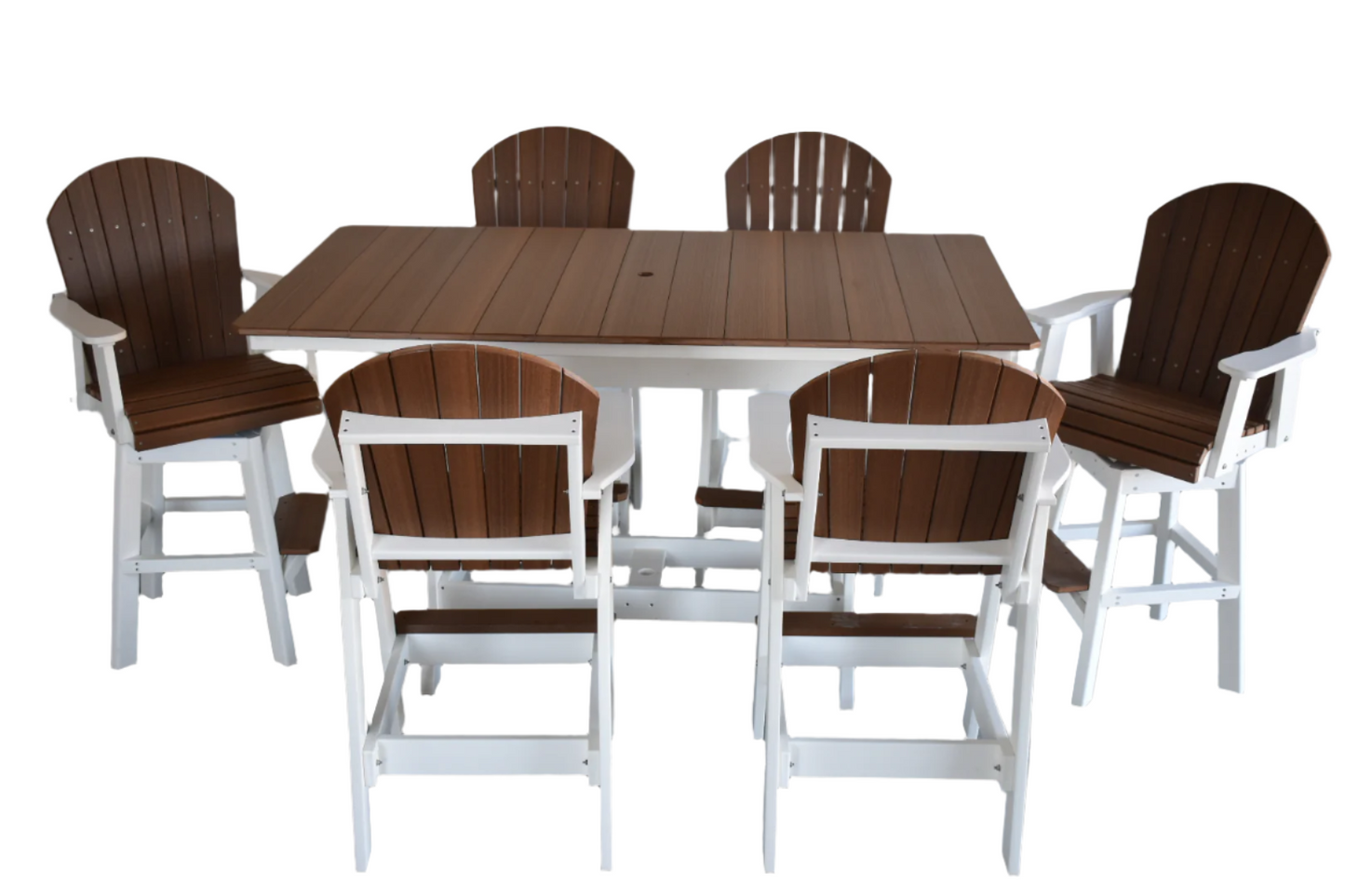 7 pc Table Set - 6' Rectangular Table with 2x Swivel Adirondack Chairs & 4x Adirondack Chairs - In Dining, Counter & Bar Height