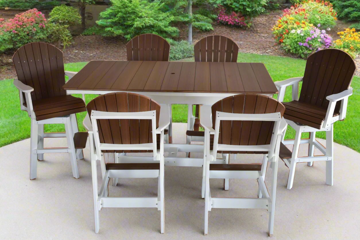 7 pc Table Set - 6' Rectangular Table with 2x Swivel Adirondack Chairs & 4x Adirondack Chairs - In Dining, Counter & Bar Height